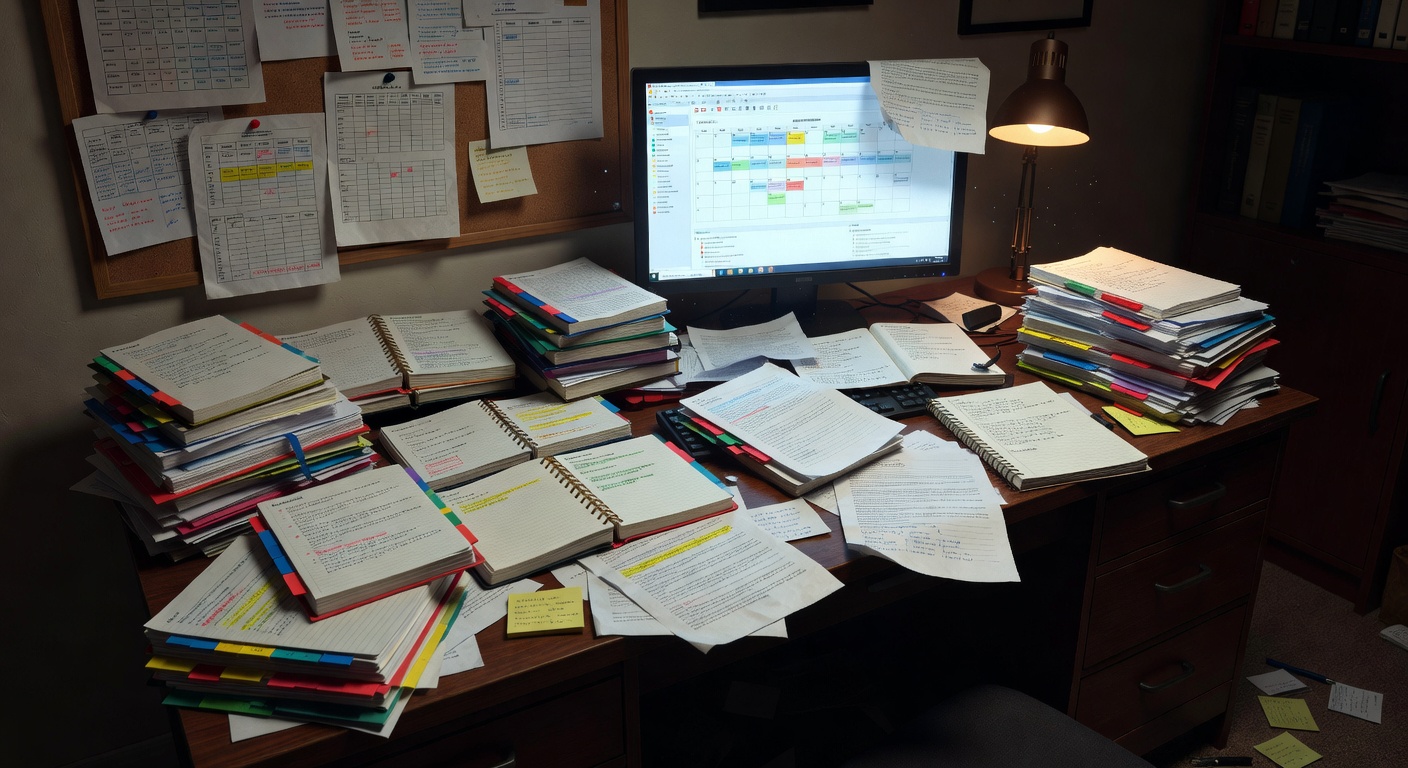 Professor's desk covered with detailed schedules and academic materials