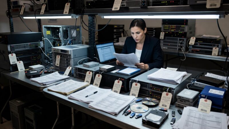 FBI evidence room with seized computer equipment and financial documents