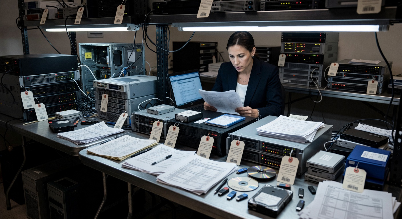 FBI evidence room with seized computer equipment and financial documents