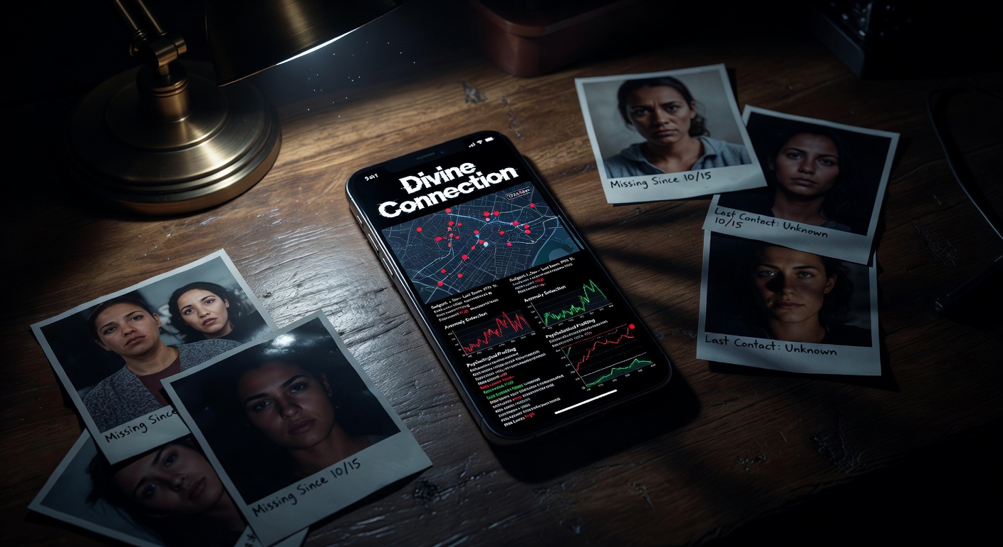 Smartphone showing surveillance app with tracking data and photos of missing persons
