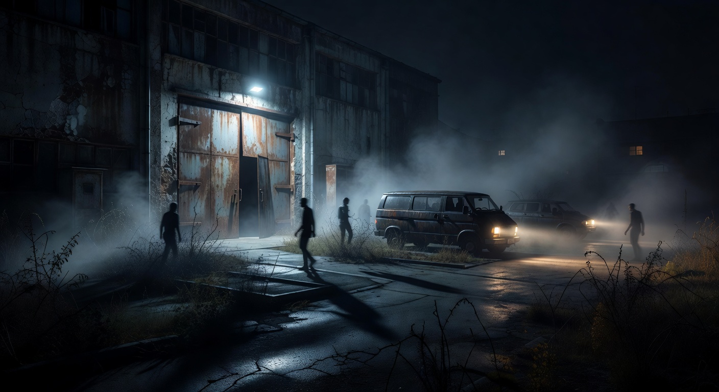 Abandoned crematorium at night with van and shadowy figures in fog
