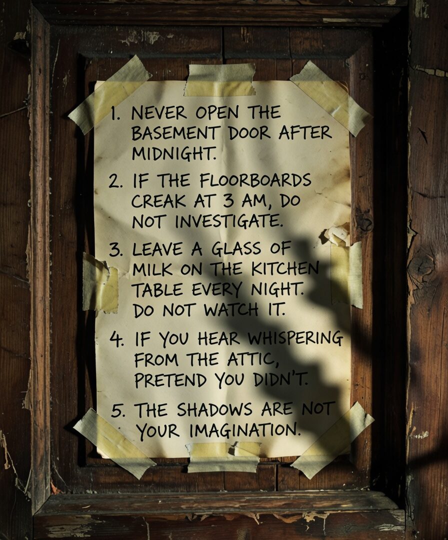 Handwritten house rules note on cabin door