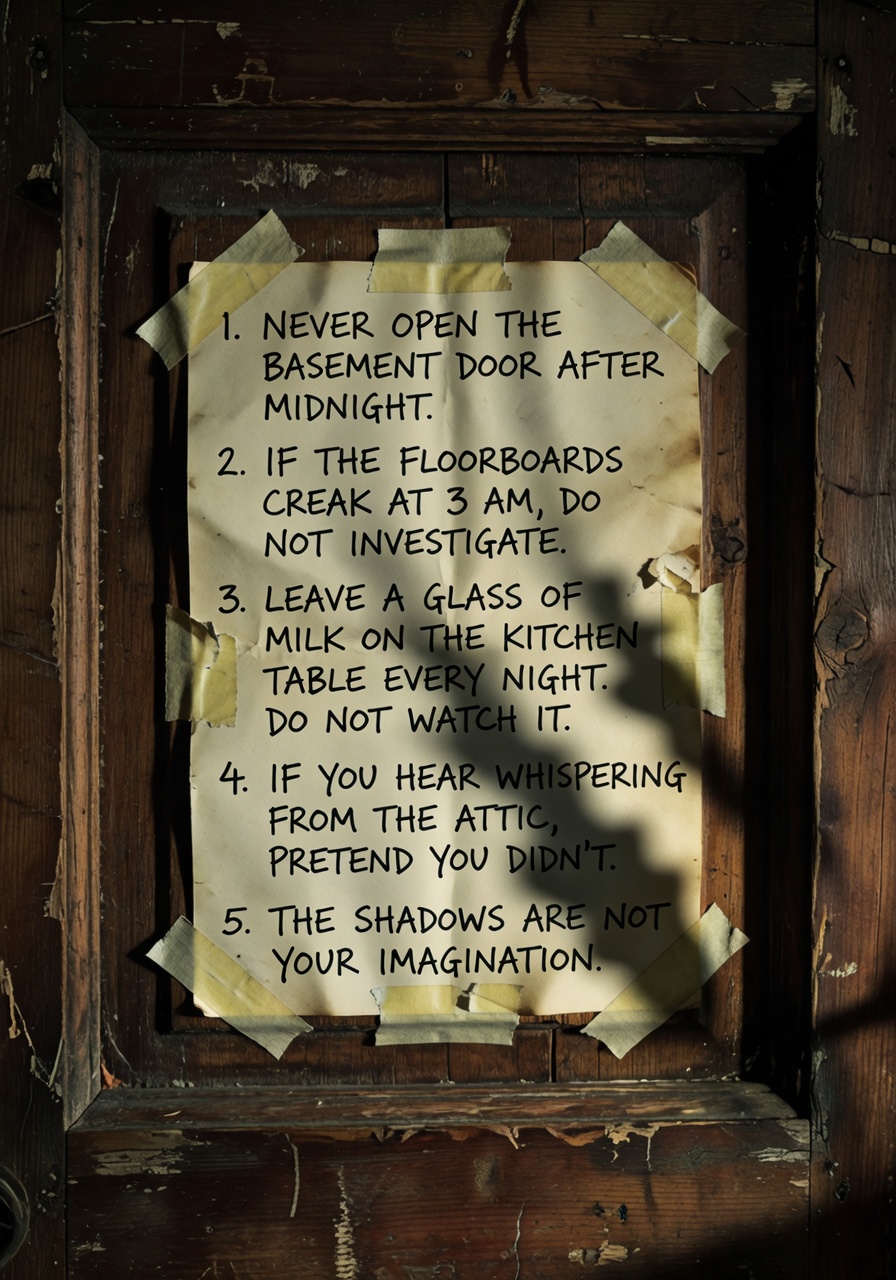 Handwritten house rules note on cabin door