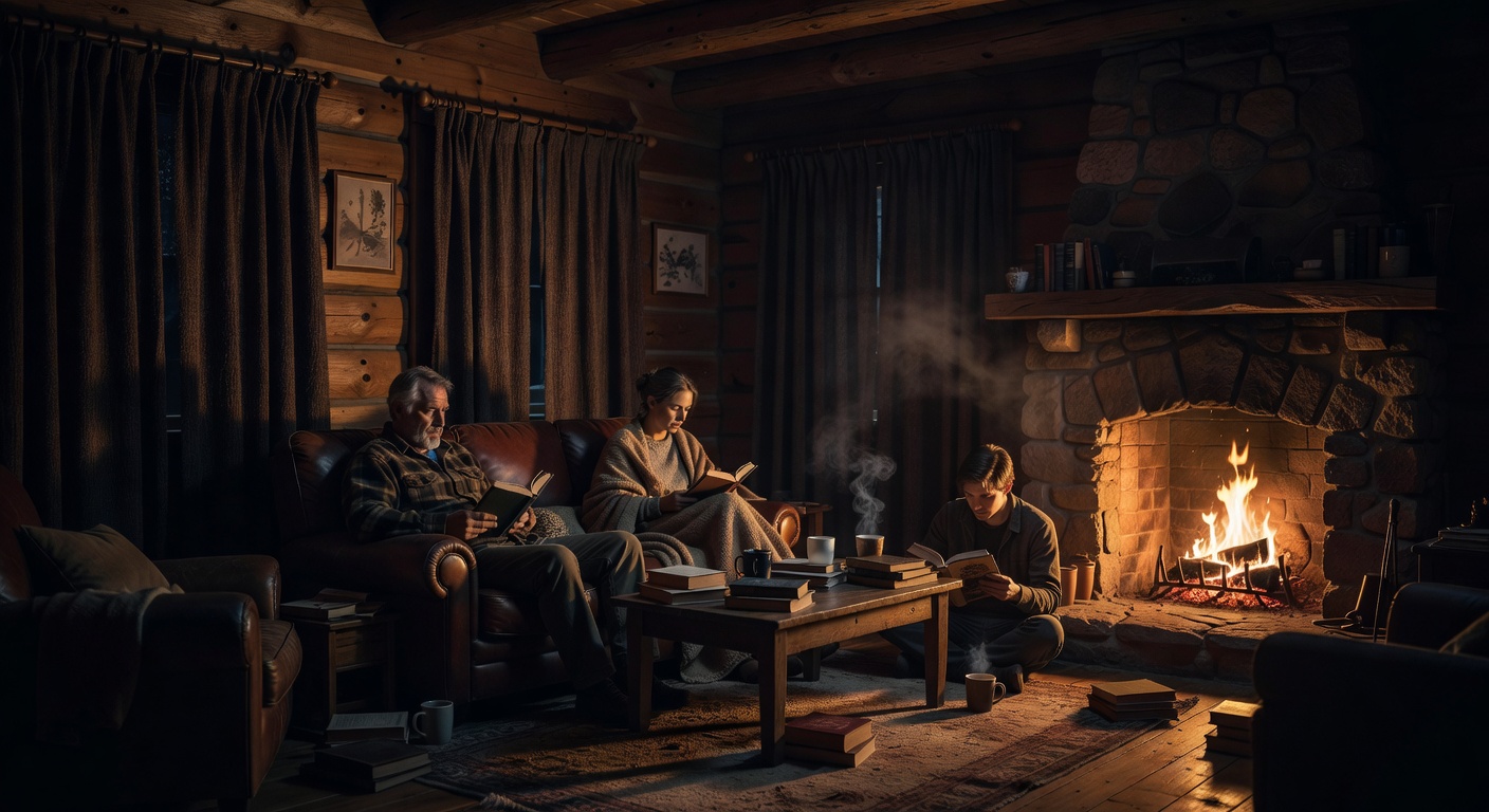 Cabin interior at night with closed curtains