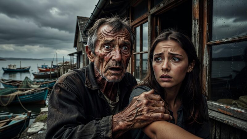 An old fisherman urgently warning a young woman outside a village shop