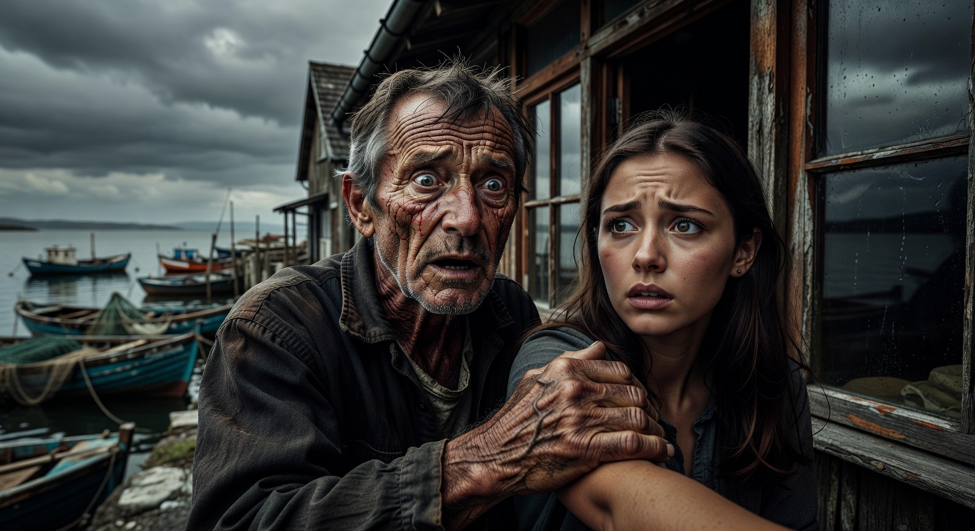 An old fisherman urgently warning a young woman outside a village shop