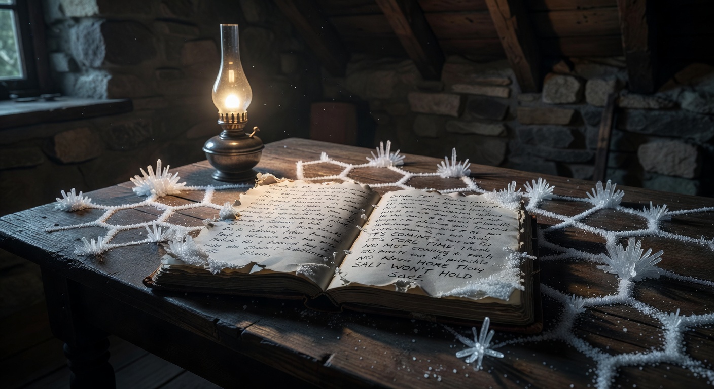 A handwritten journal surrounded by mysterious salt crystal formations on a wooden table