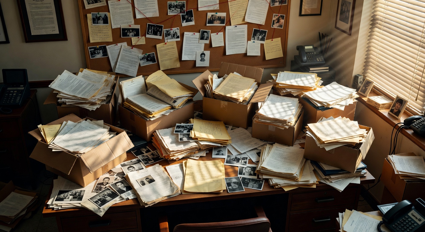 Detective's desk covered with evidence boxes and investigation materials