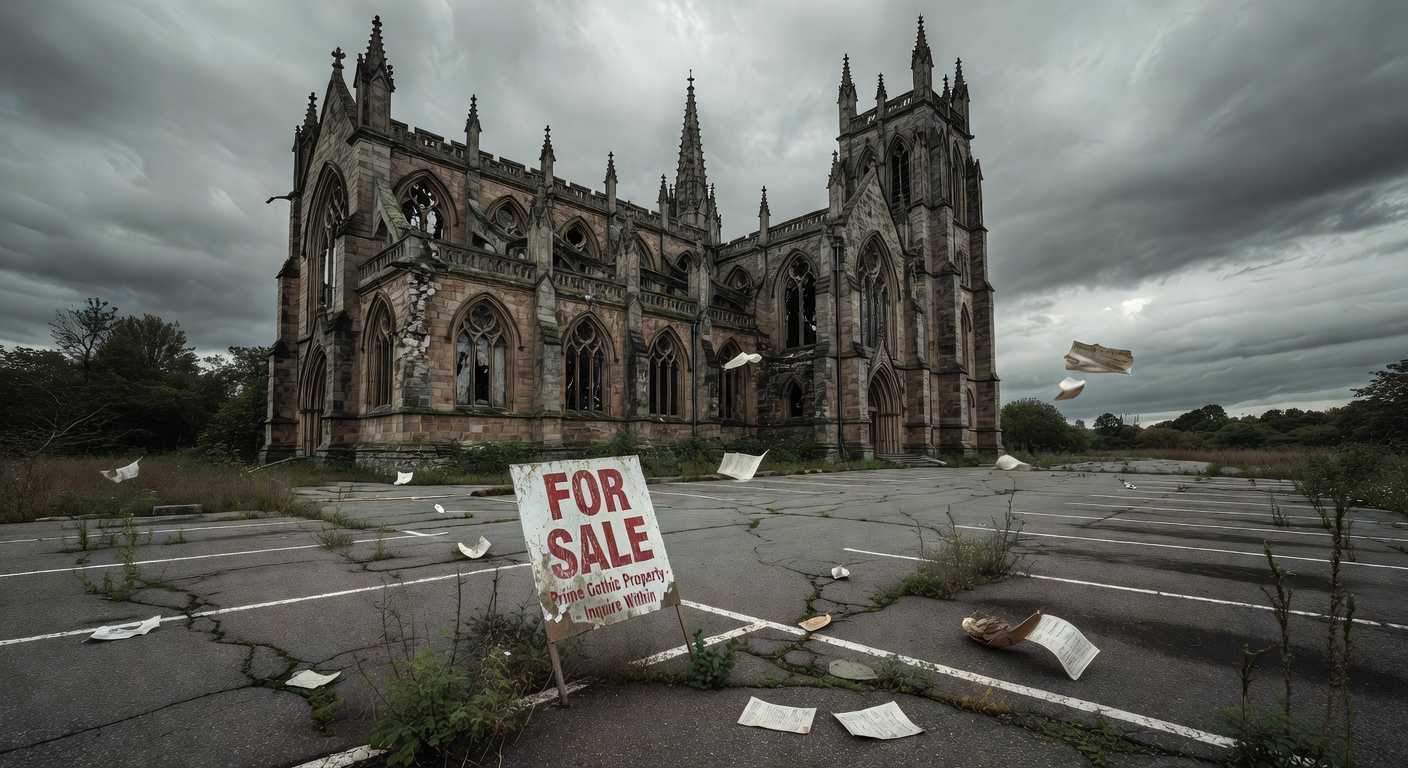 Abandoned church building with for sale sign in empty parking lot