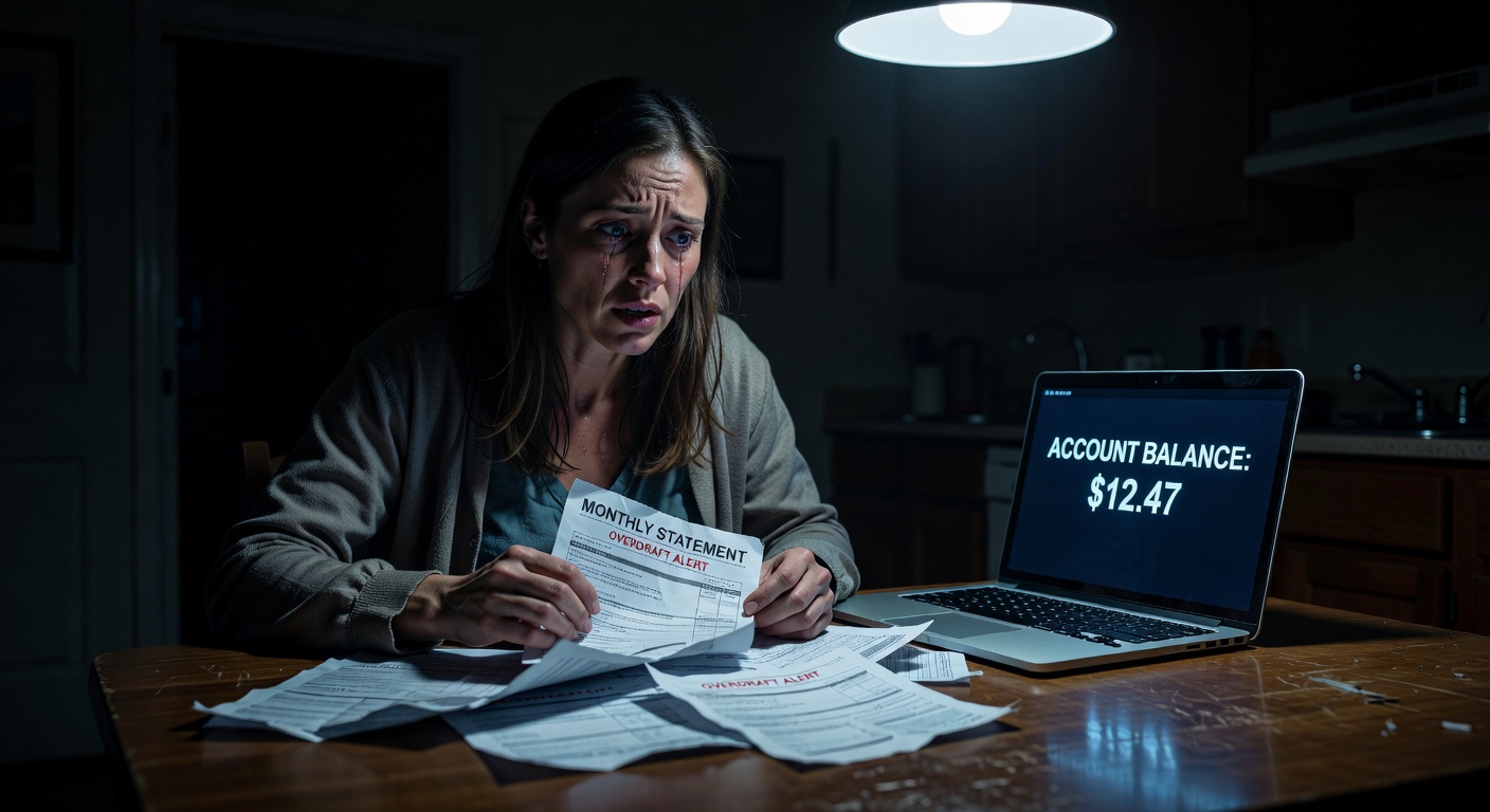 A woman discovering her savings account has been emptied by her trusted manager