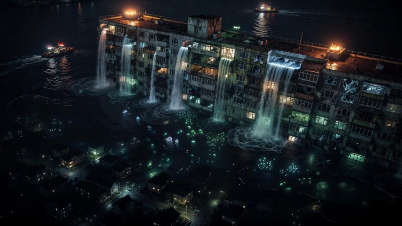 Apartment building sinking into bay water with underwater lights visible below