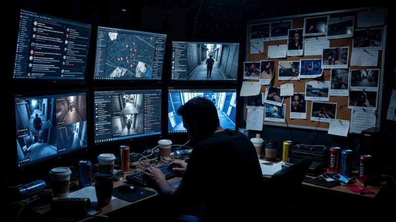 Person investigating on multiple computer screens in dark room