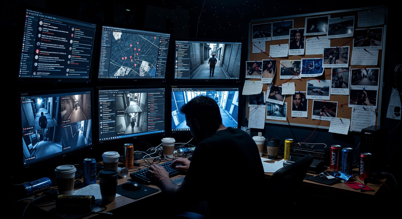 Person investigating on multiple computer screens in dark room
