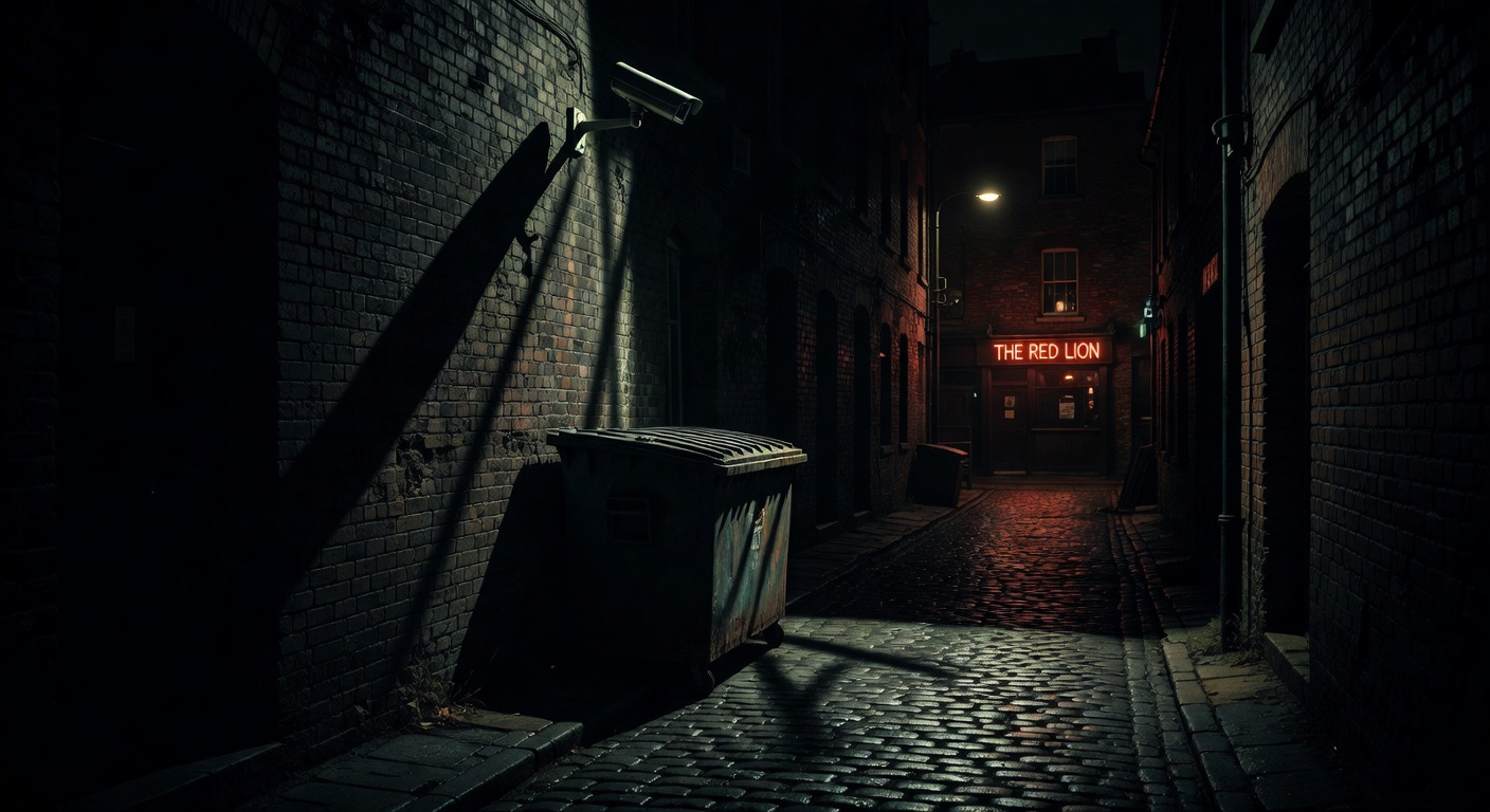 Dark alley behind bar with security camera and dumpster