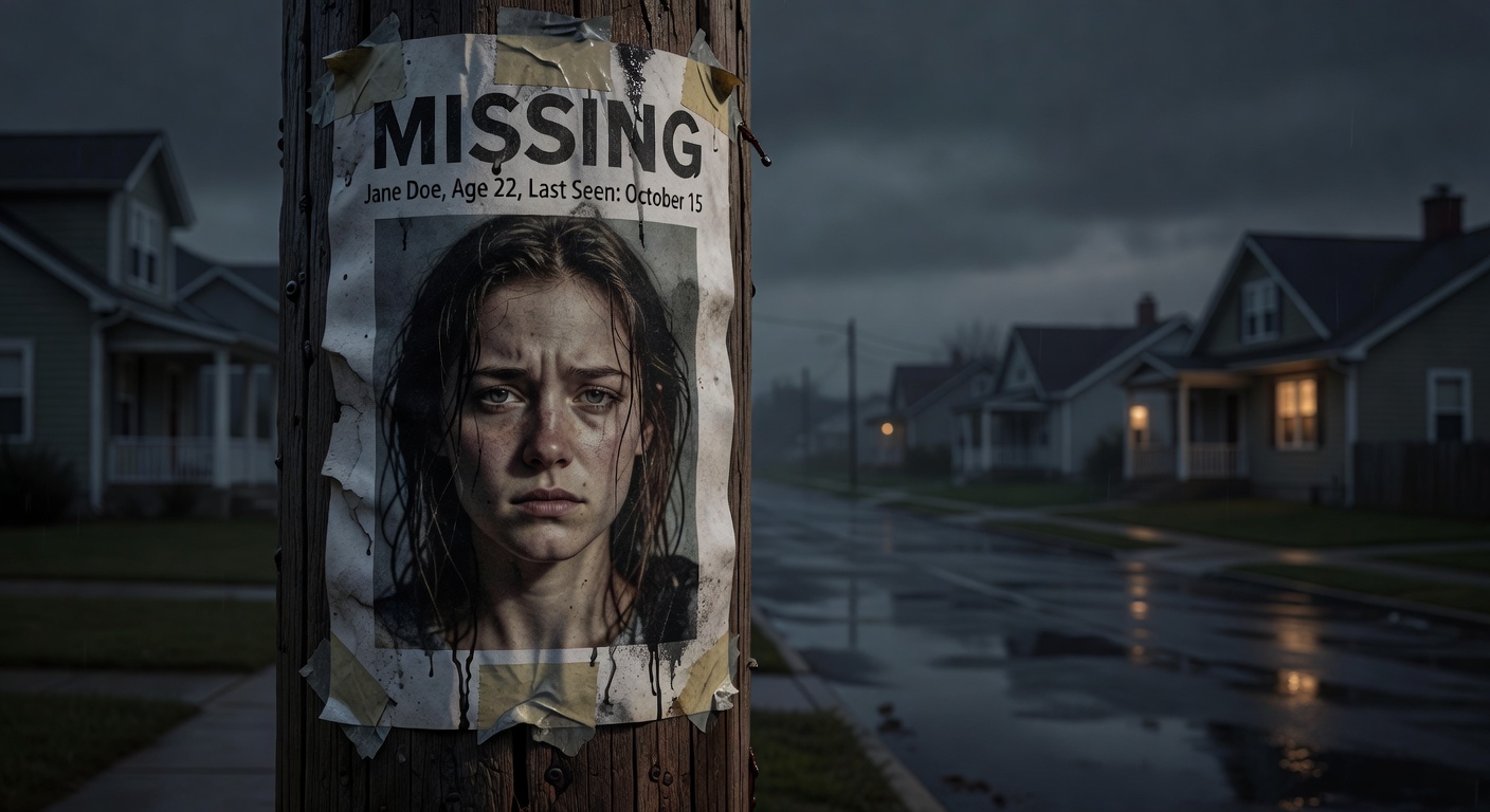 Rain-damaged missing person poster on telephone pole