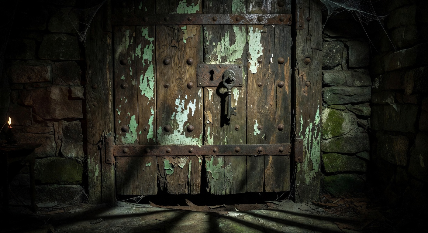 The sealed basement door with its three locks and skeleton key