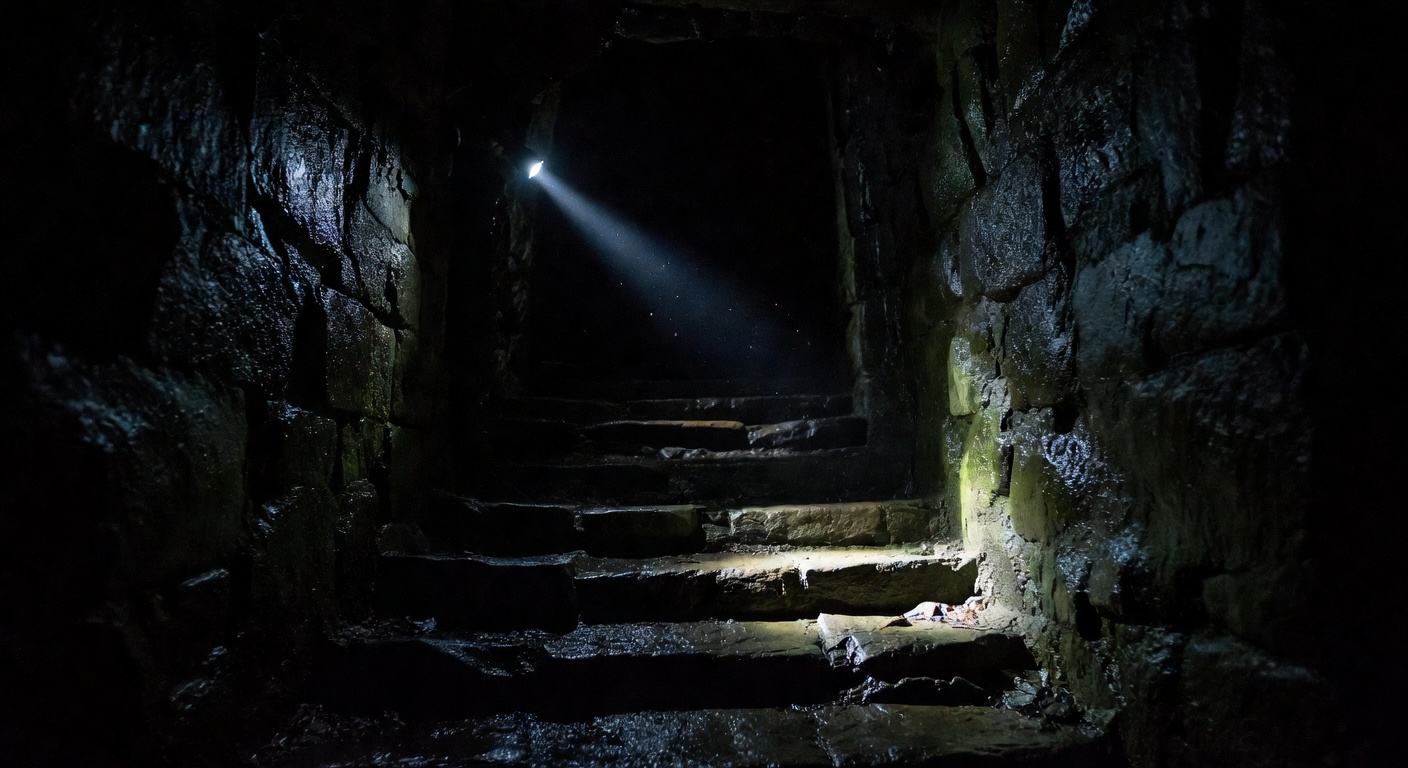 Stone steps leading down into the basement darkness