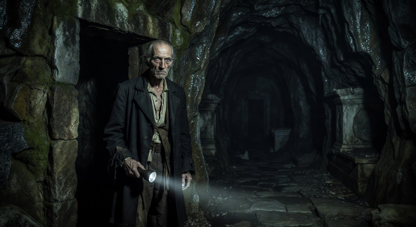 Thomas Hartwell, the elderly keeper, illuminated by flashlight
