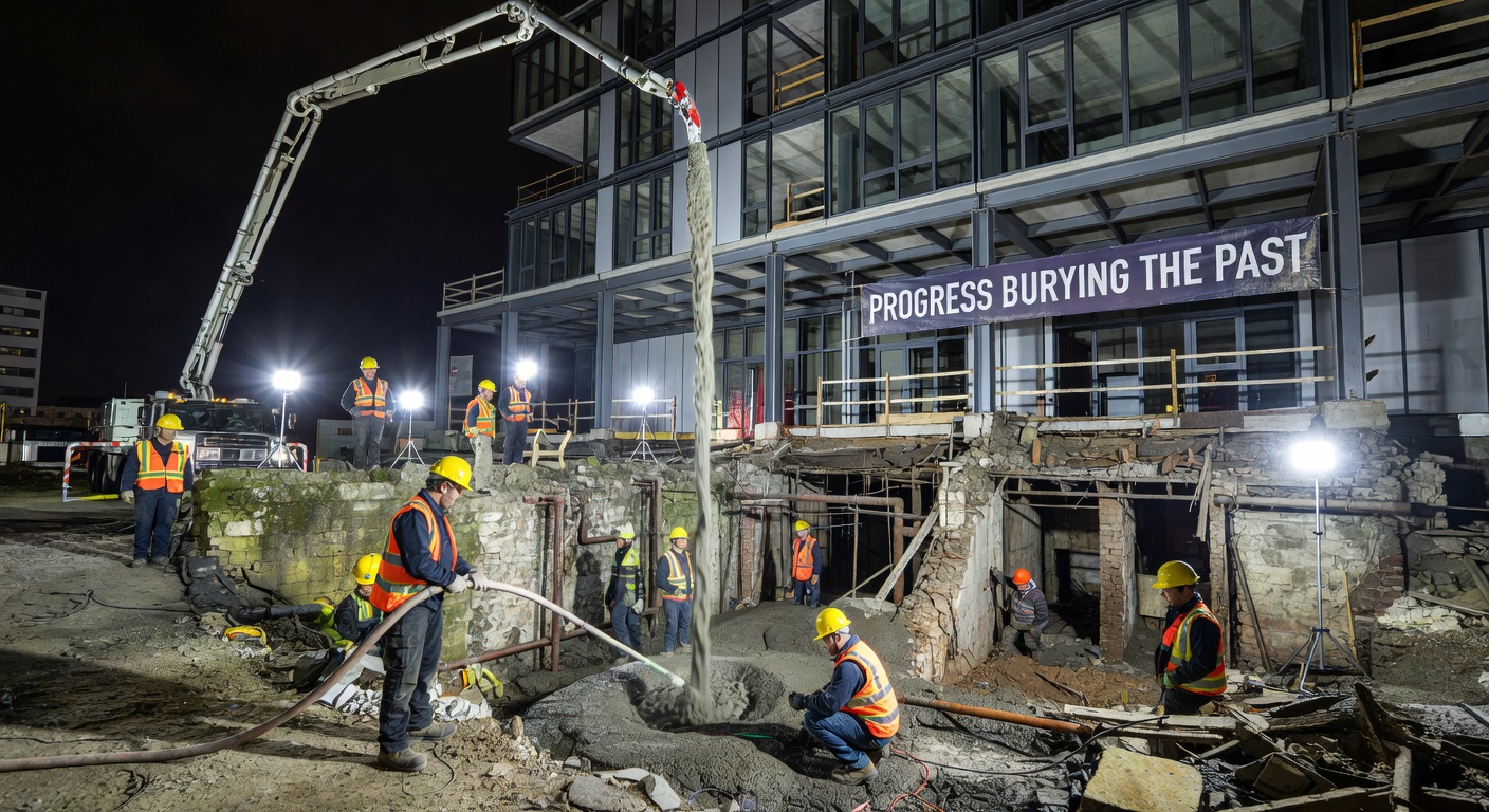 Construction workers sealing the basement with concrete