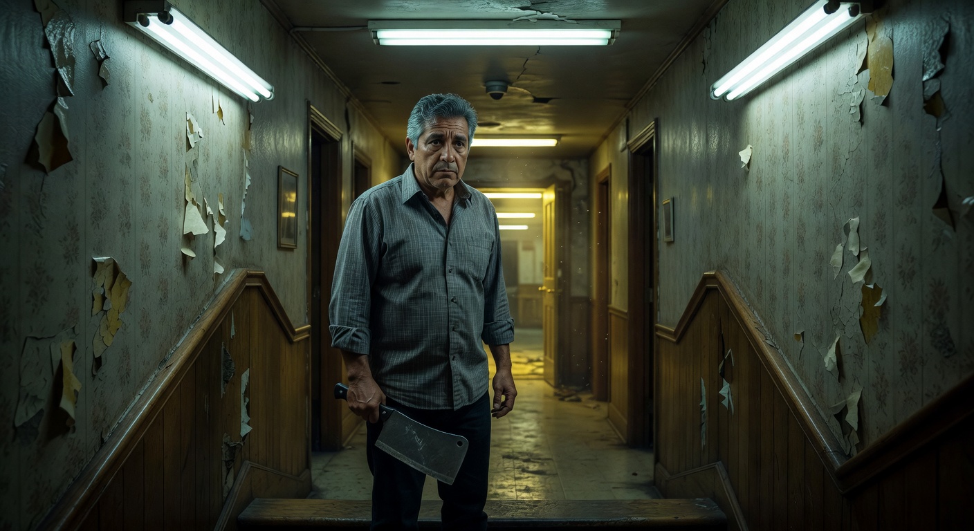 A man holding a knife in an apartment hallway with warm light coming from a basement door