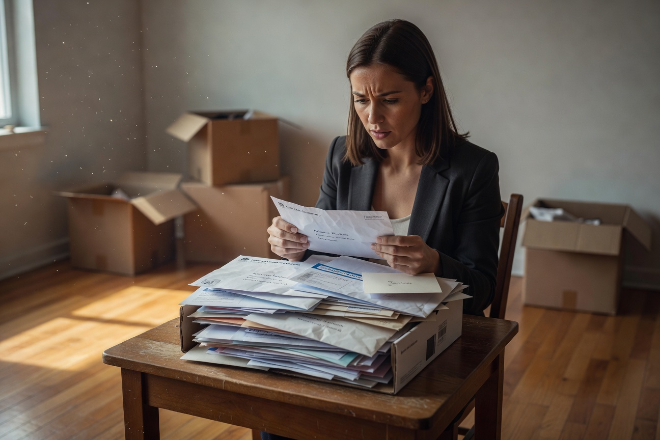 A woman examining mail addressed to a previous tenant in her new apartment