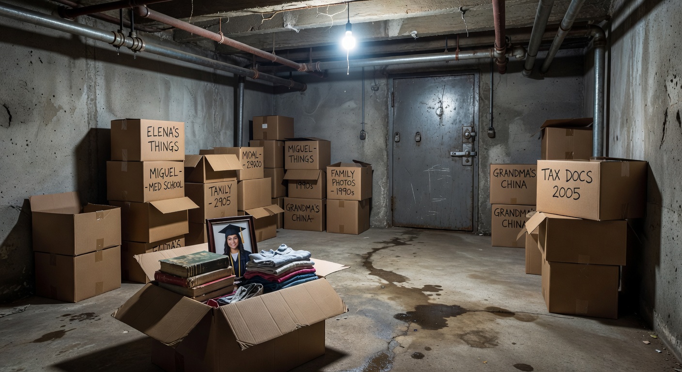 A basement storage room filled with boxes containing personal belongings of former tenants