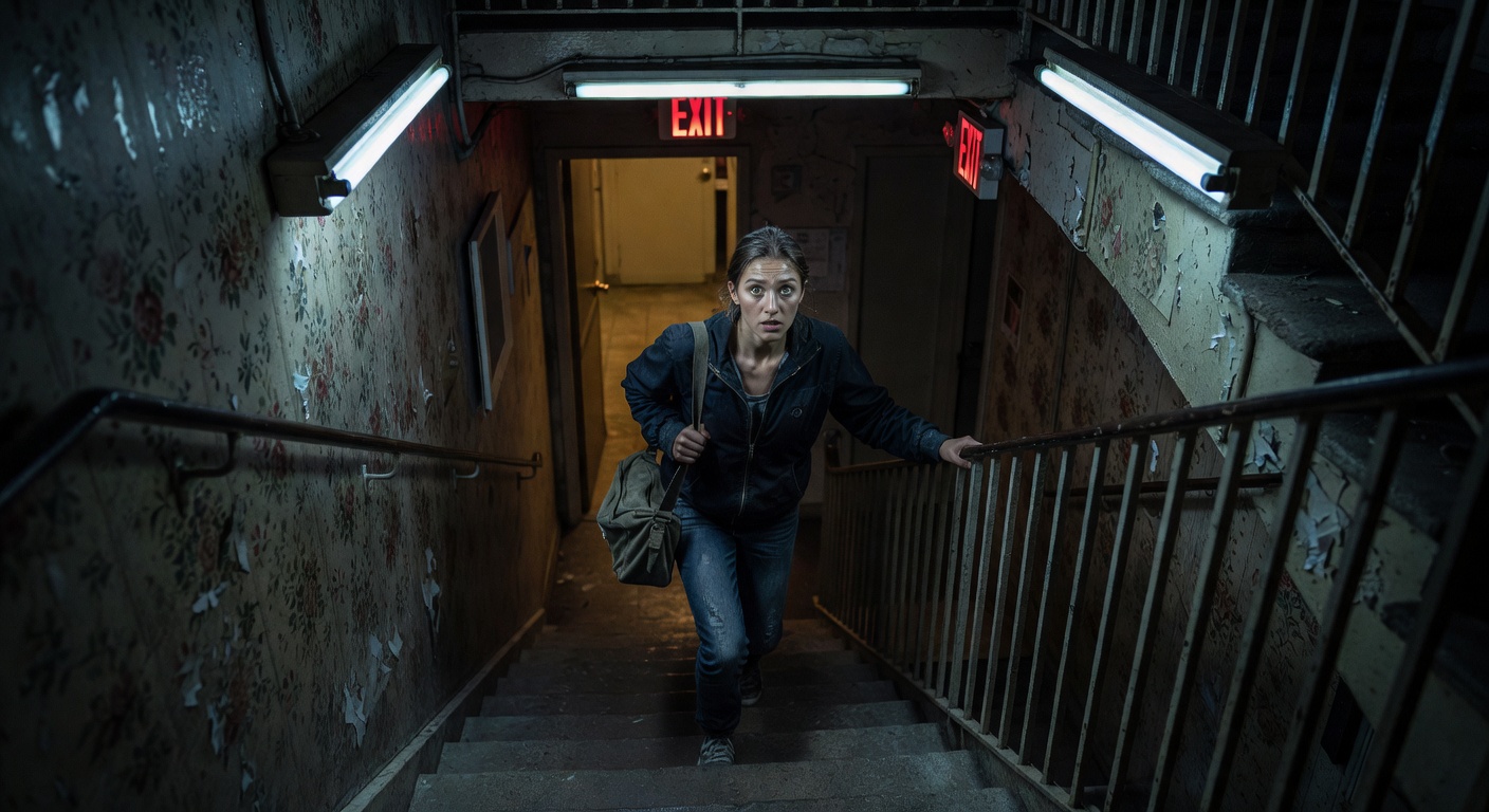 A woman fleeing down apartment building stairs at night with dramatic lighting