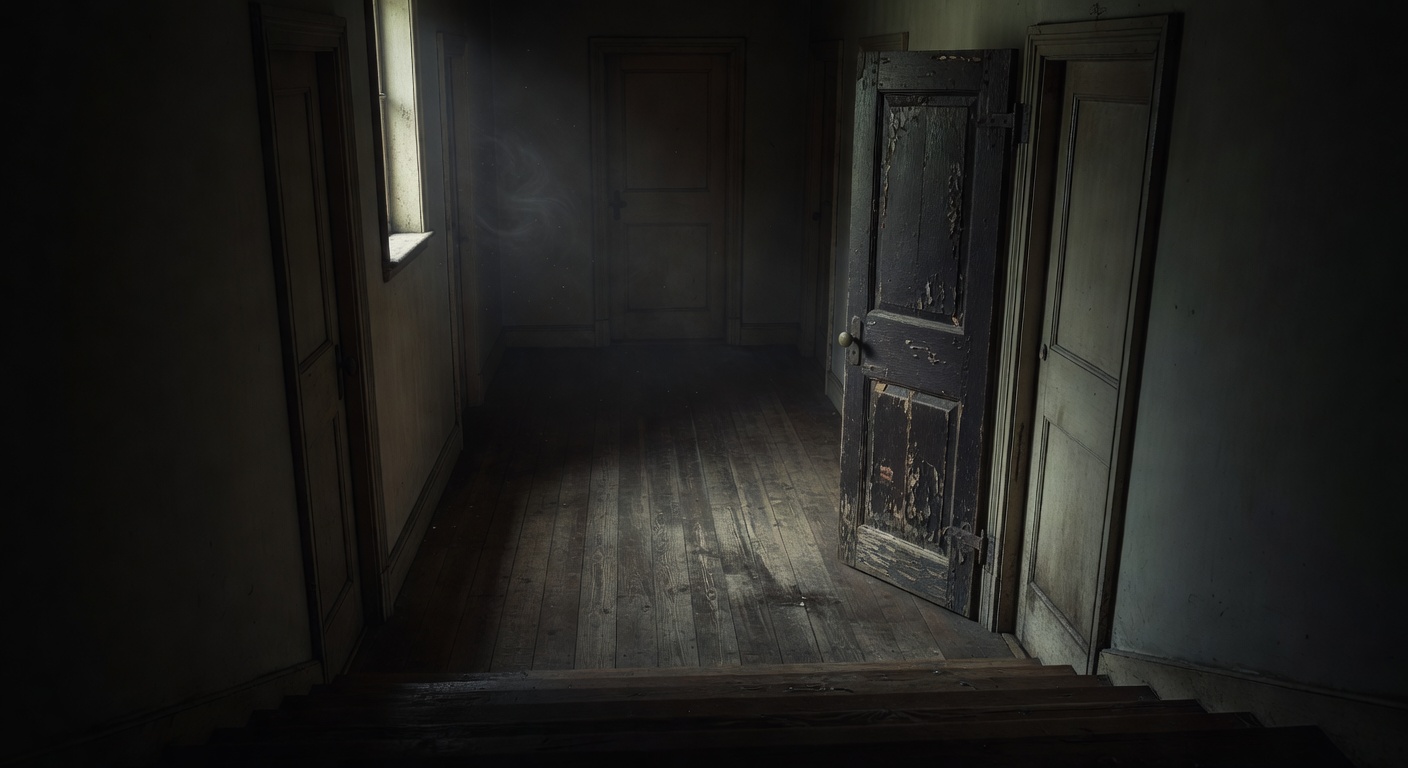 An upstairs hallway with an mysterious fourth door