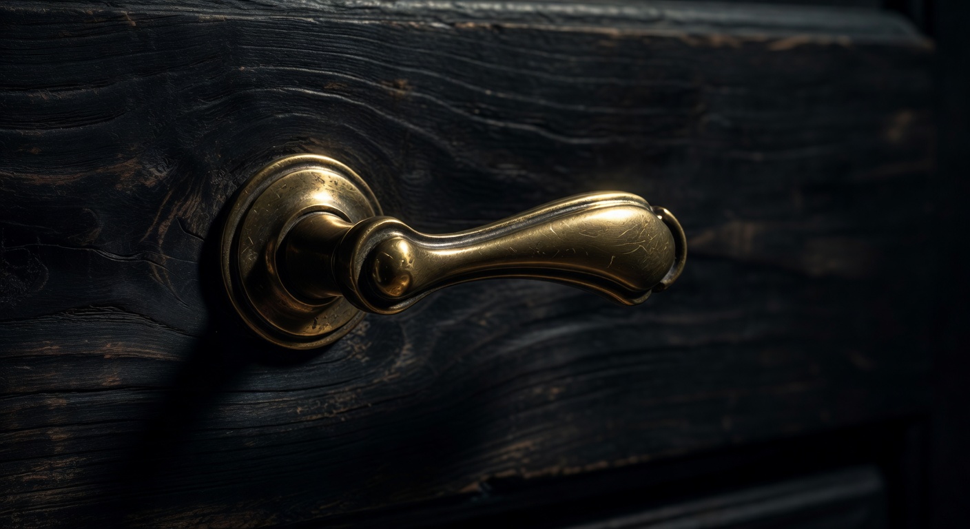 An old brass door handle on weathered dark wood