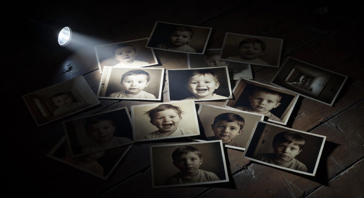 Family photos scattered on a floor, some taken from impossible vantage points