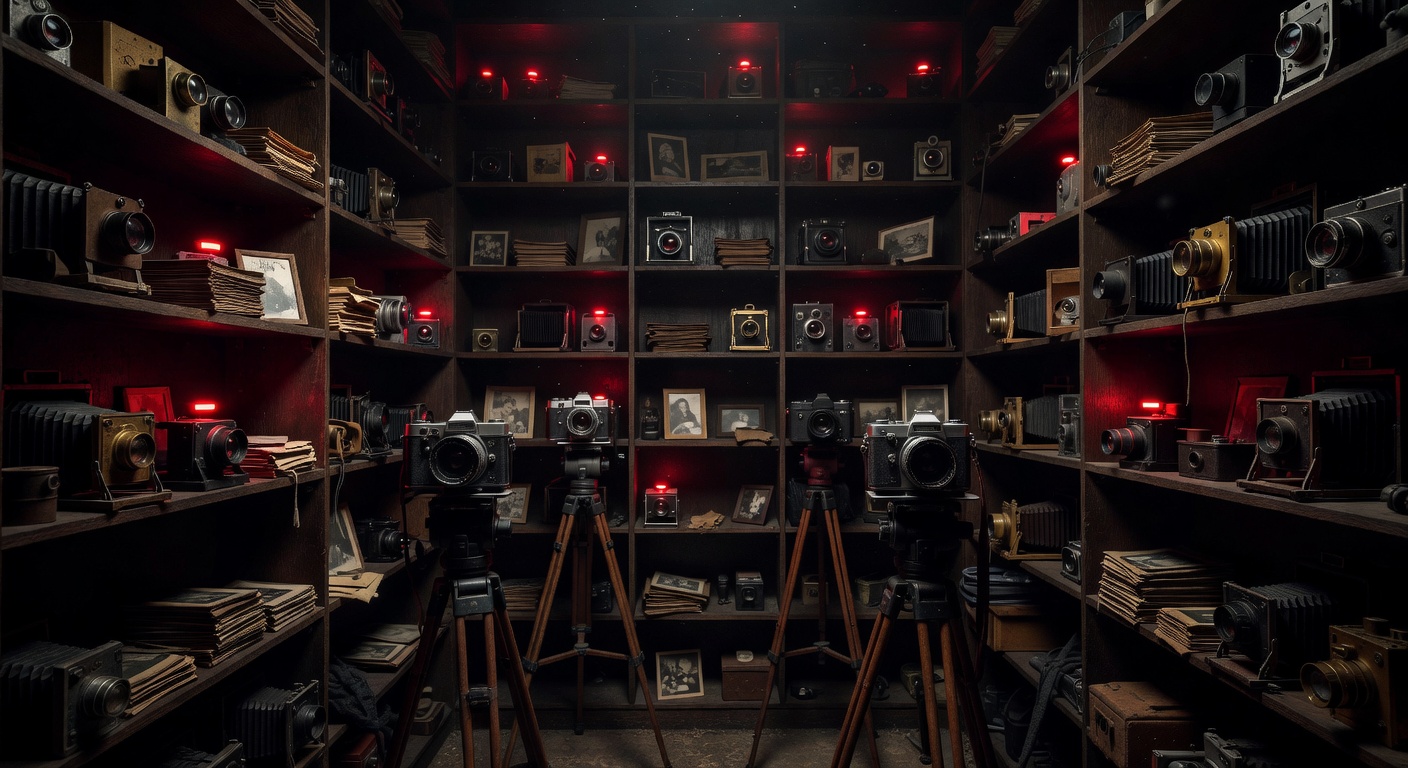 A secret surveillance room filled with cameras and photographs