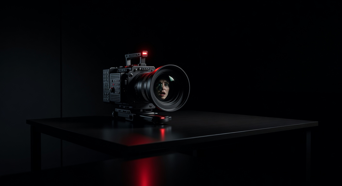 A surveillance camera with red recording light, appearing to watch the viewer