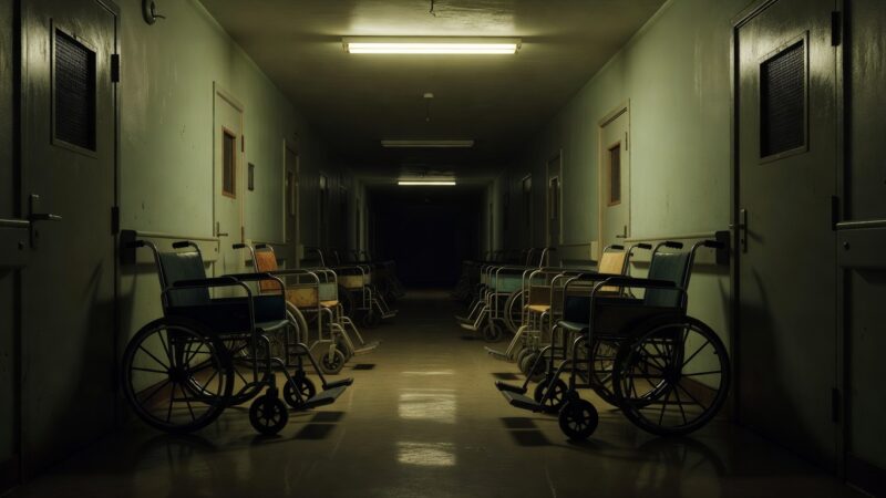 Empty hospital corridor at night with wheelchairs and reinforced doors