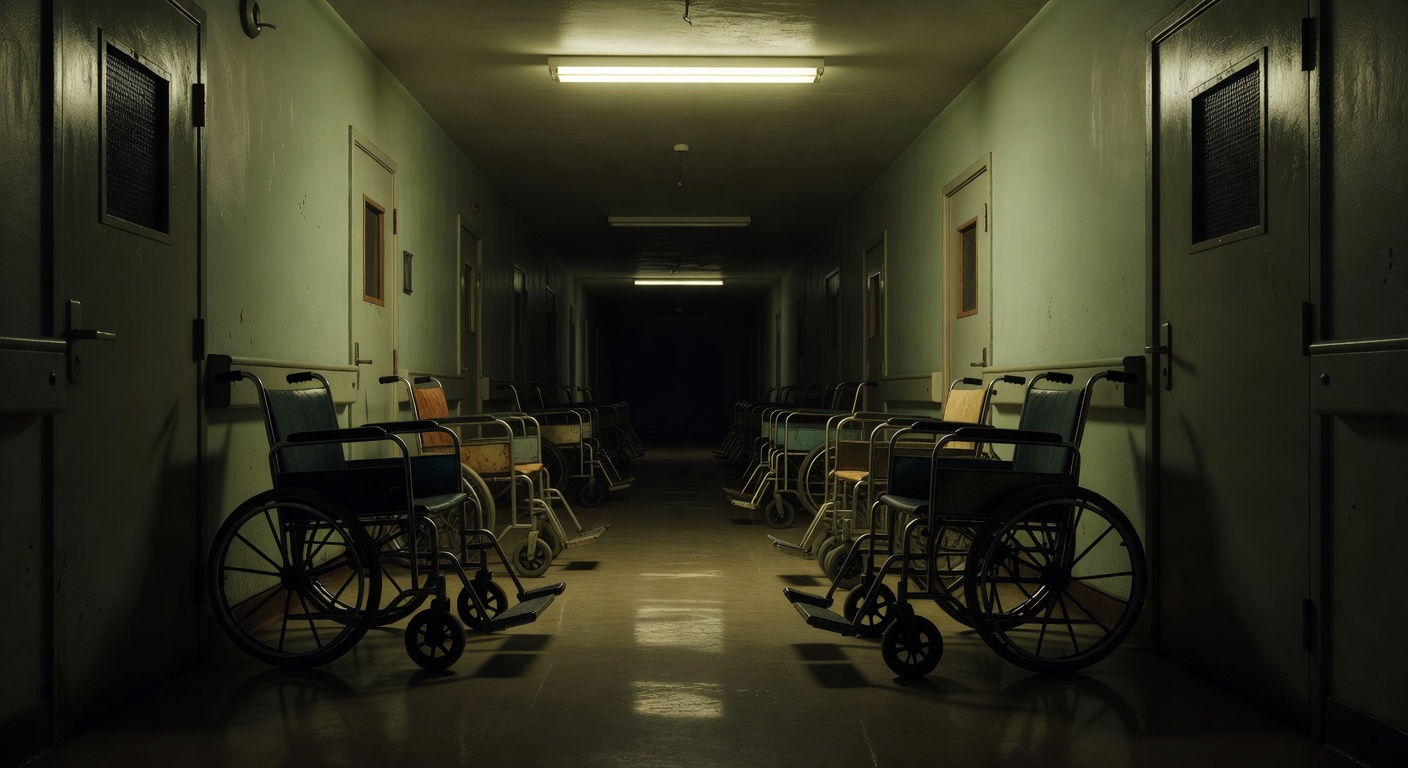 Empty hospital corridor at night with wheelchairs and reinforced doors