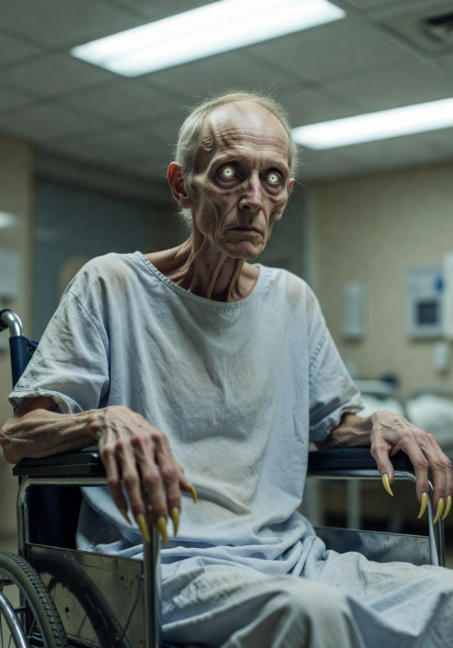 Elderly patient in wheelchair with unnaturally alert eyes and claw-like fingernails
