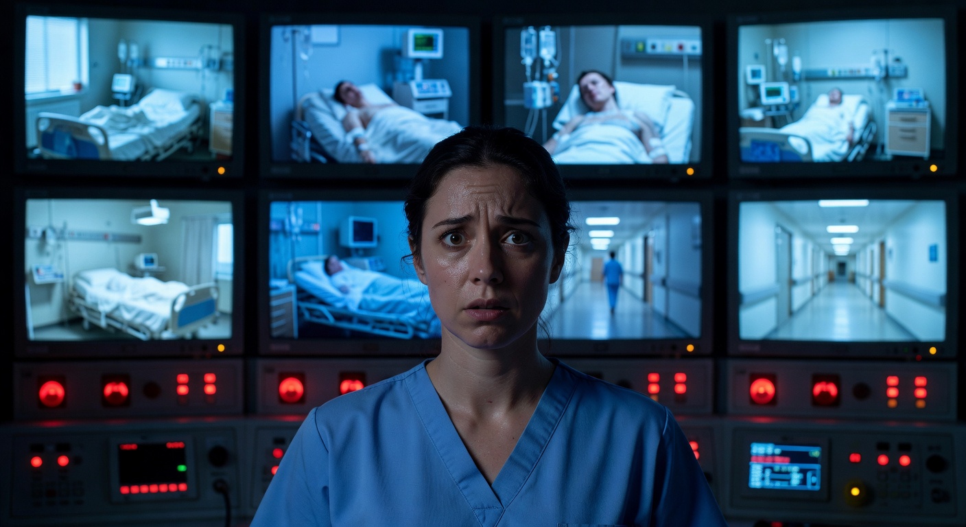 Nurse at monitoring station with blinking emergency call lights