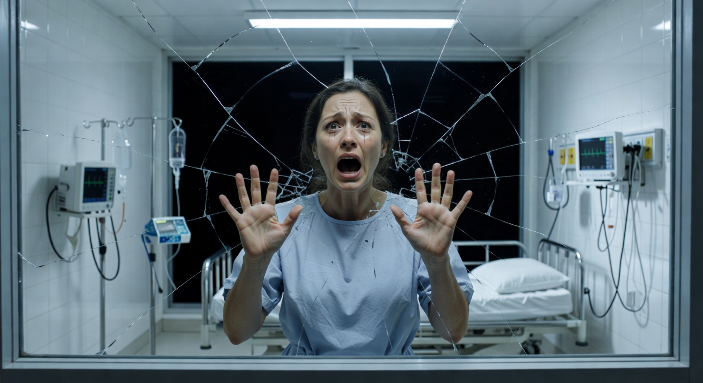 Patient pressing against cracking reinforced window in desperate plea