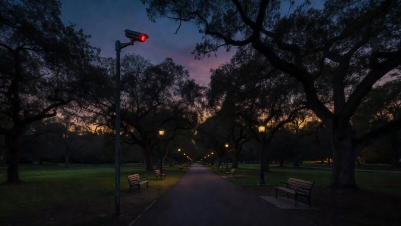 Security camera overlooking empty park trail at dusk