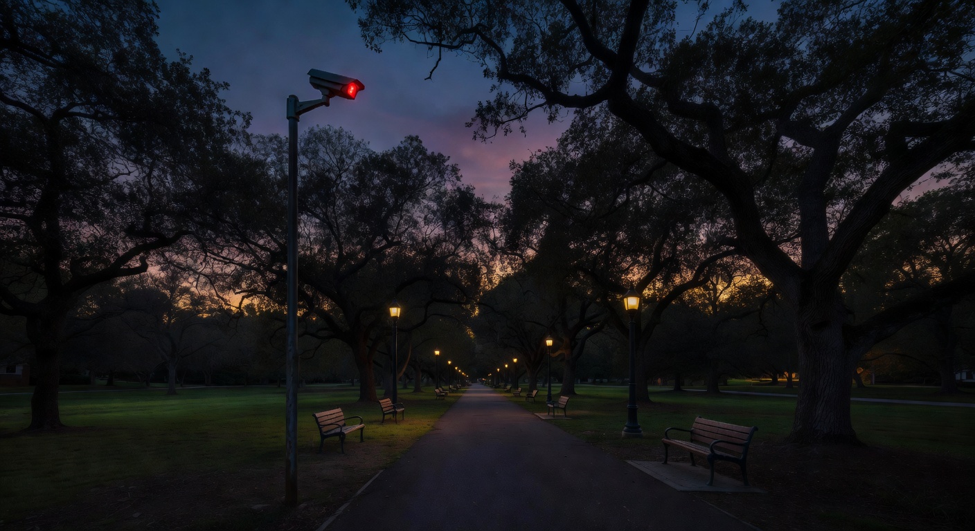 Security camera overlooking empty park trail at dusk