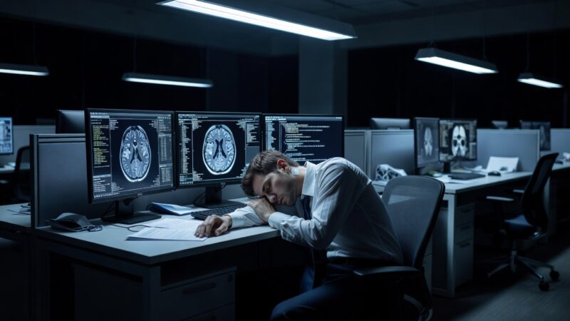 Office worker unconscious at desk with brain monitoring equipment visible on screens