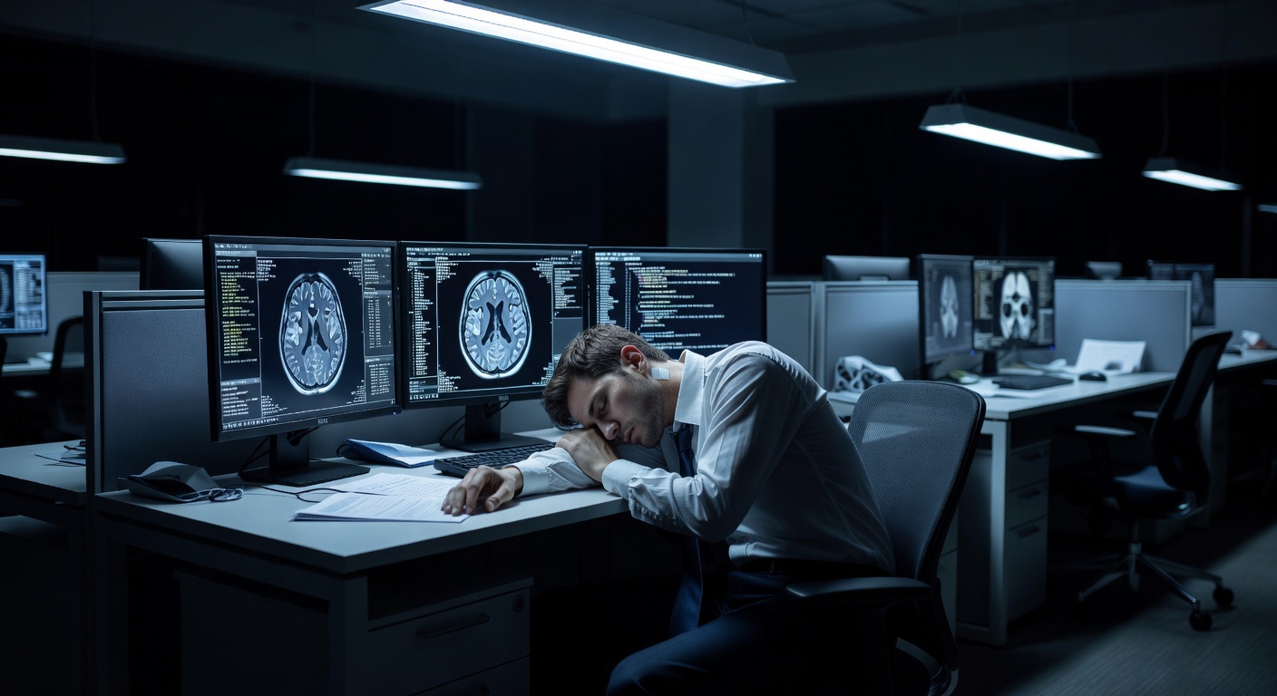 Office worker unconscious at desk with brain monitoring equipment visible on screens